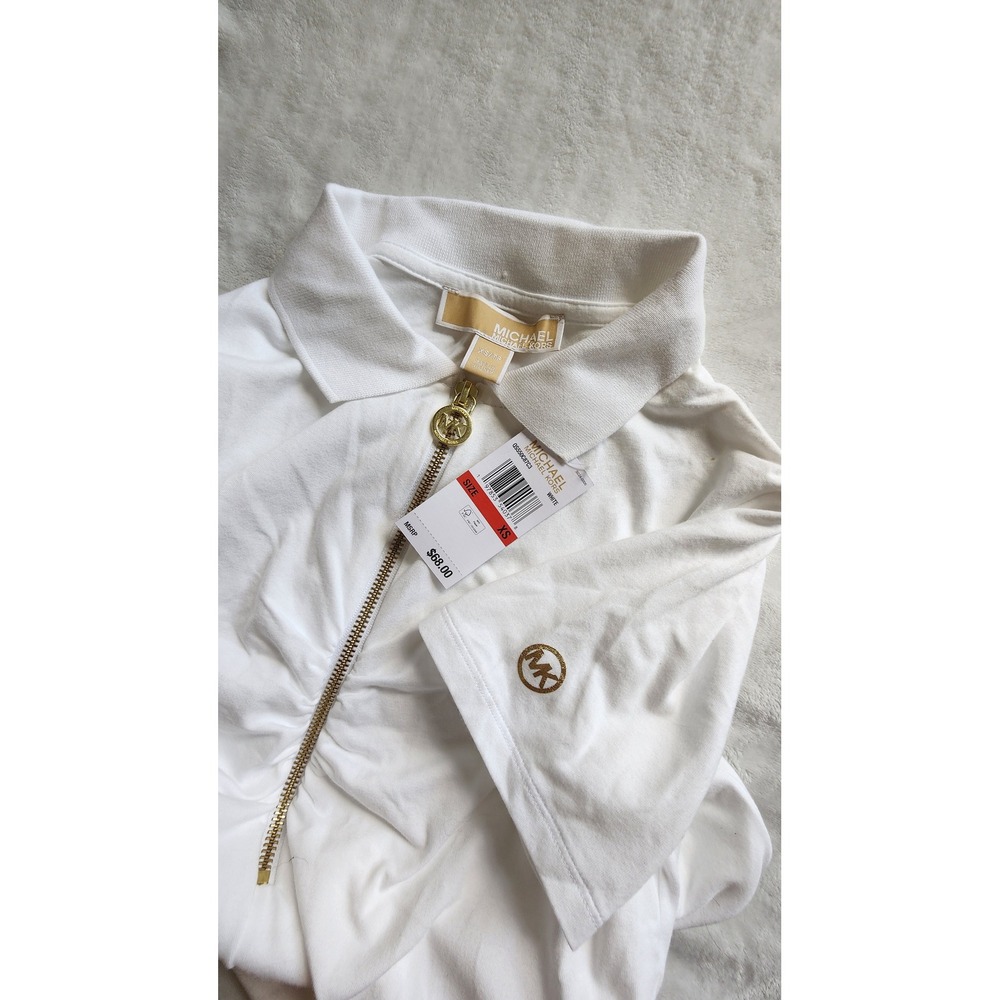 Michael Kors Womens White Half Zip Ruched Polo Shirt Gold MK Logo XS QS550C87C3